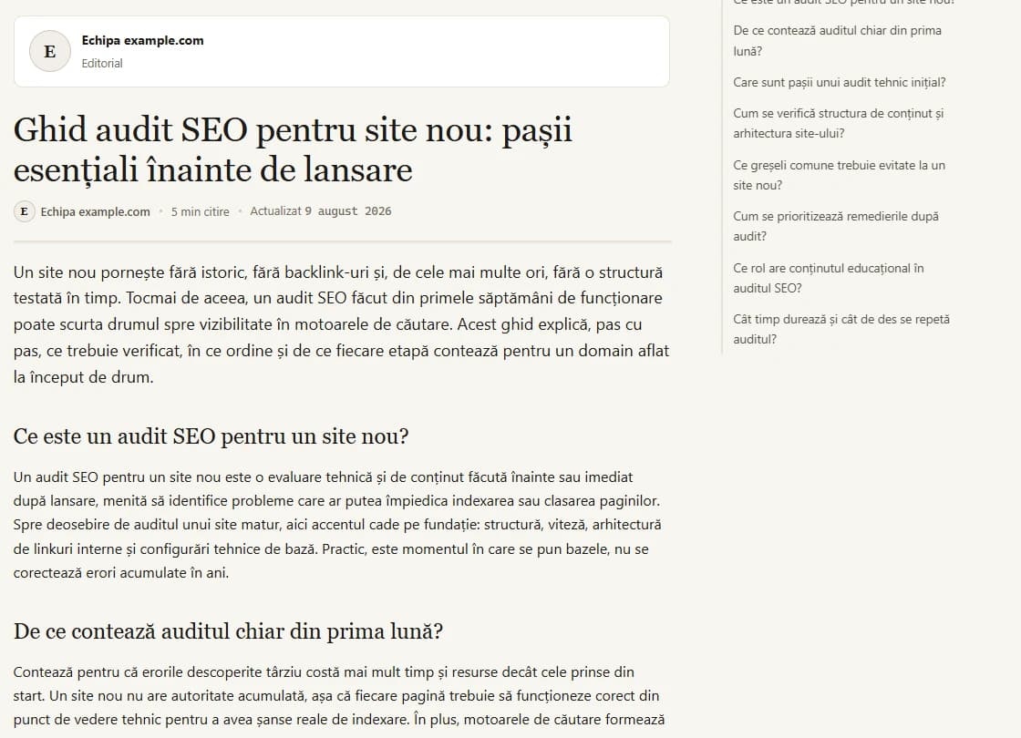 An article published on the hosted blog, with table of contents and author box