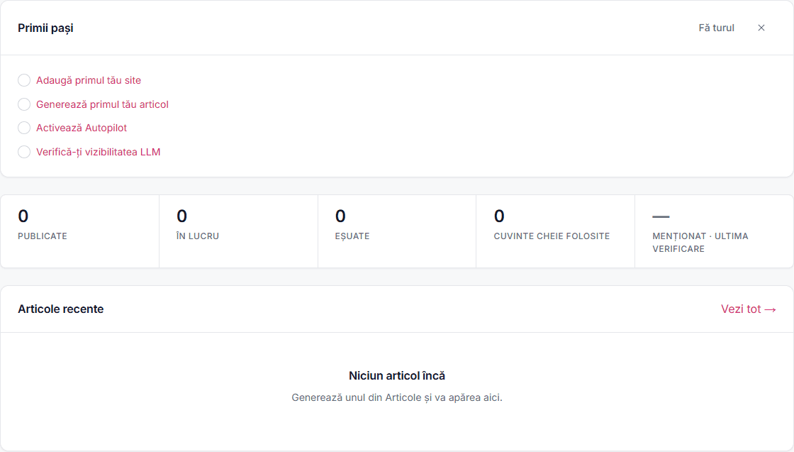 The current dashboard: setup steps, article statistics and AI-visibility indicators