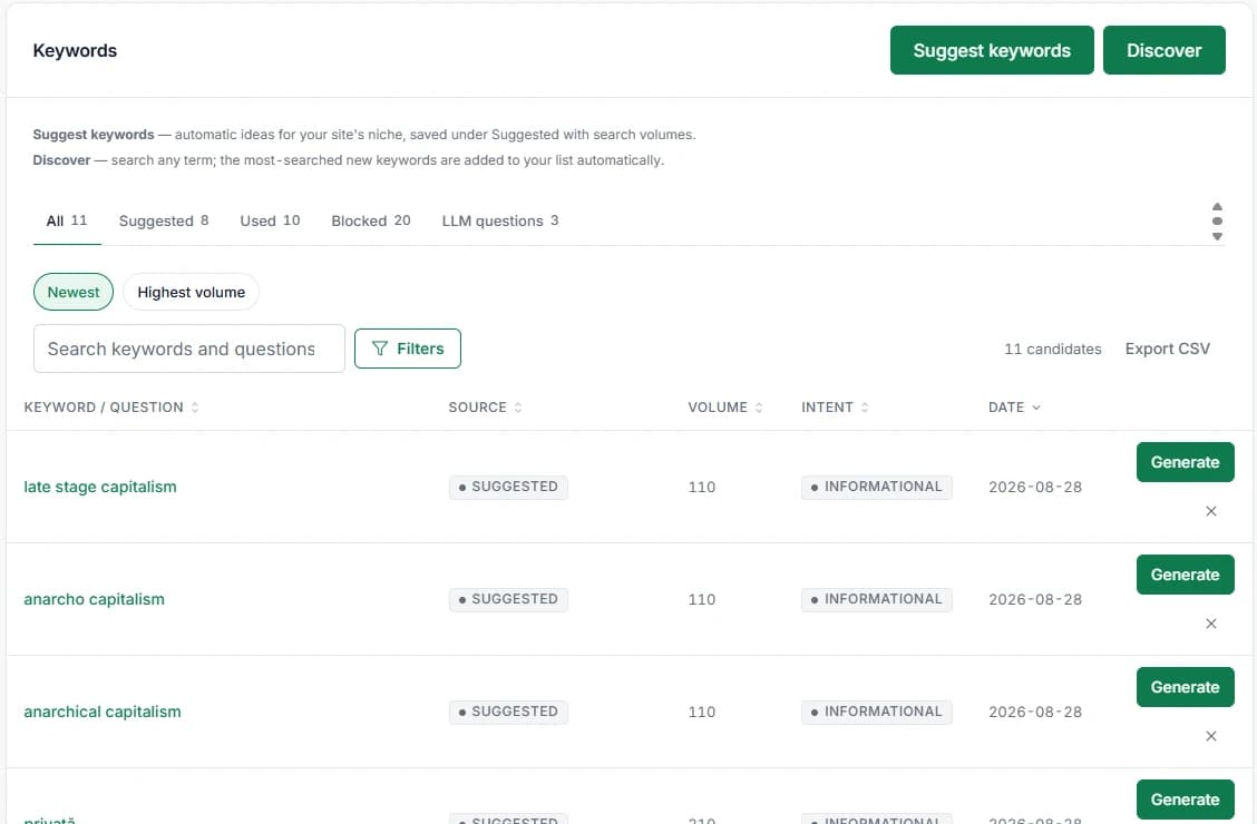 The keywords screen: suggested keywords with search volume and intent