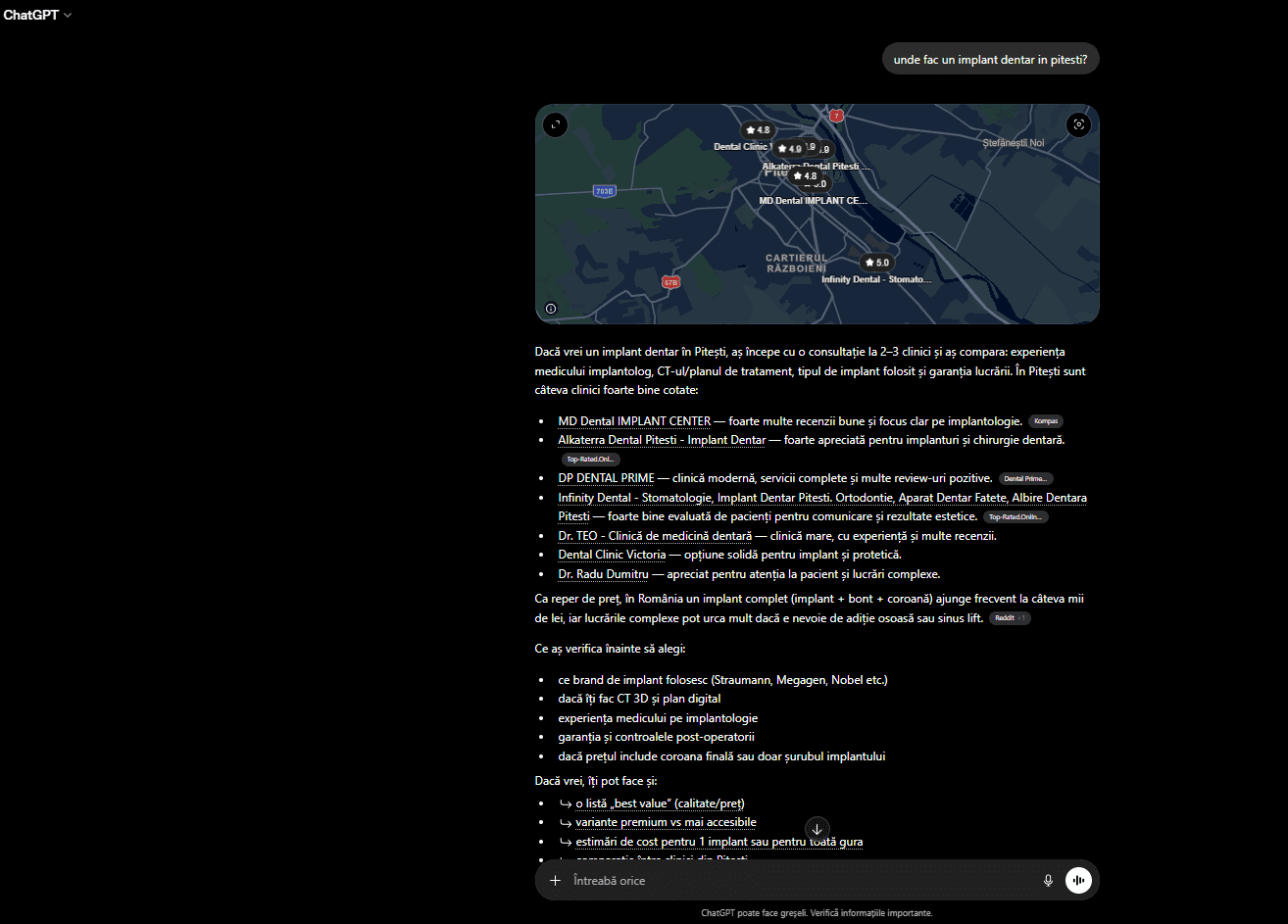 ChatGPT answer recommending MD Dental (mddental.ro, the site we grew) for dental implants in Pitești