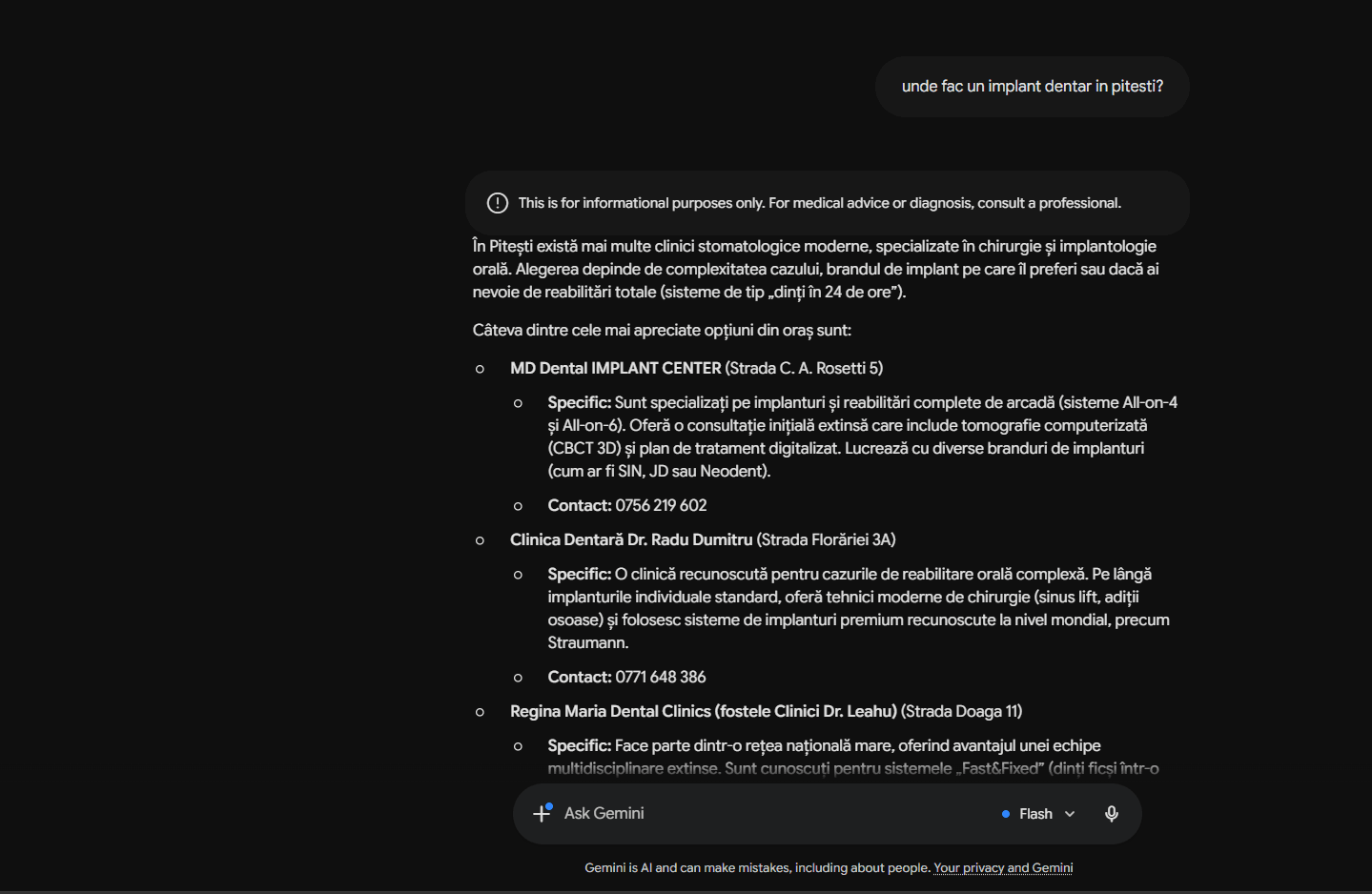Gemini answer recommending MD Dental (mddental.ro, the site we grew) for dental implants