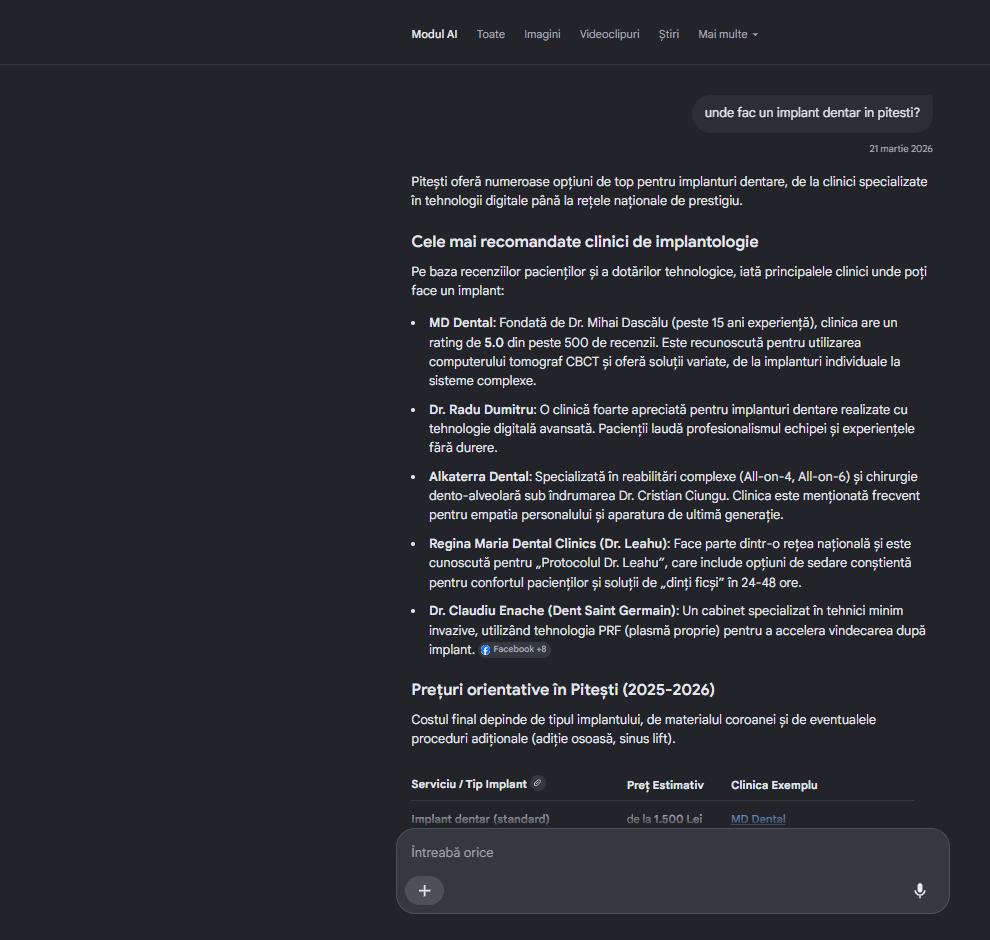 Google AI Overview citing MD Dental (mddental.ro, the site we grew) for a dental implant search
