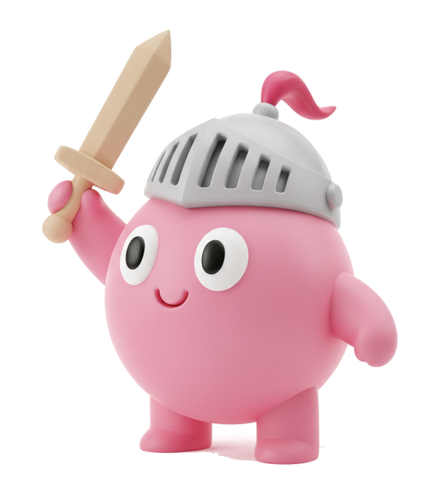 The SEO Conquest mascot, a pink knight raising a toy sword